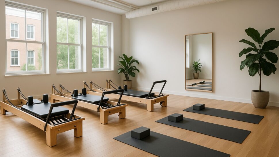 Yoga and Pilates students practising together in a bright studio space in Cork City