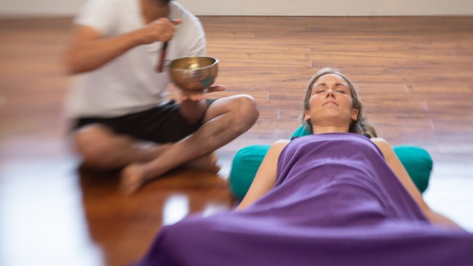 Yoga Nidra guided relaxation in a quiet studio